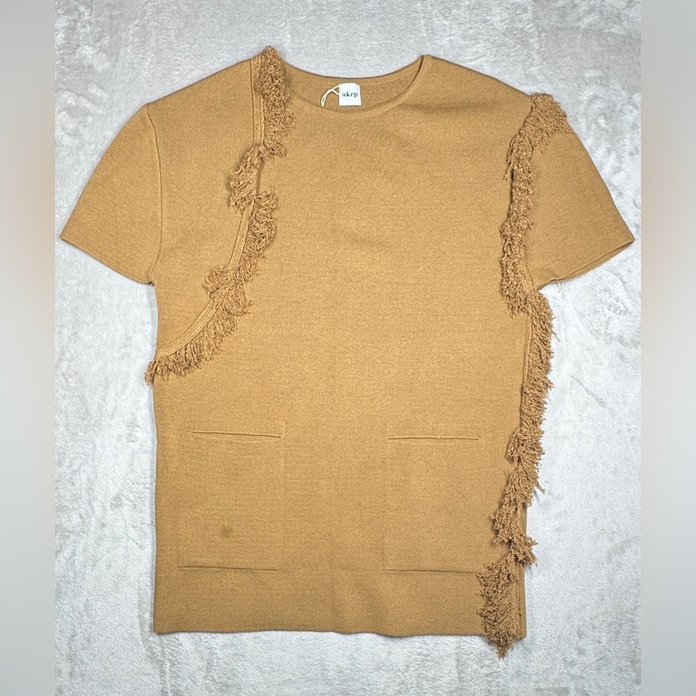 NWT Akep Italian Wool Blend Knit Fringe Boho Tan Brown Boxy Tunic Top 40 US S